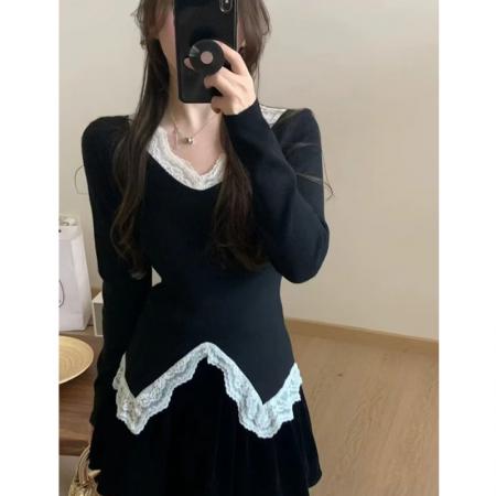 FA53358# 秋冬季新款法式法式气质纯欲性感复古纯欲蕾丝花边修身针织打底衫 服裝批發女裝批發服飾貨源