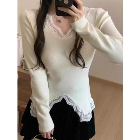 FA53358# 秋冬季新款法式法式气质纯欲性感复古纯欲蕾丝花边修身针织打底衫 服裝批發女裝批發服飾貨源