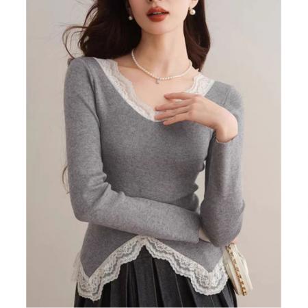 FA53358# 秋冬季新款法式法式气质纯欲性感复古纯欲蕾丝花边修身针织打底衫 服裝批發女裝批發服飾貨源