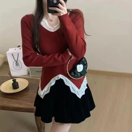 FA53358# 秋冬季新款法式法式气质纯欲性感复古纯欲蕾丝花边修身针织打底衫 服裝批發女裝批發服飾貨源