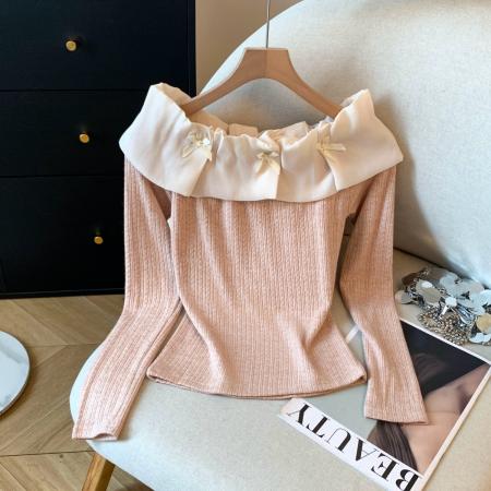 FA53361# 新款秋冬季雪纺一字肩甜美纯色长袖上衣打底衫 服裝批發女裝批發服飾貨源