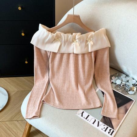 FA53361# 新款秋冬季雪纺一字肩甜美纯色长袖上衣打底衫 服裝批發女裝批發服飾貨源