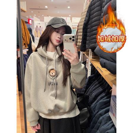 FA53362# 纯棉华棉复合奥粒绒卫衣女冬宽松刺绣连帽保暖上衣 服裝批發女裝批發服飾貨源