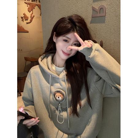 FA53362# 纯棉华棉复合奥粒绒卫衣女冬宽松刺绣连帽保暖上衣 服裝批發女裝批發服飾貨源