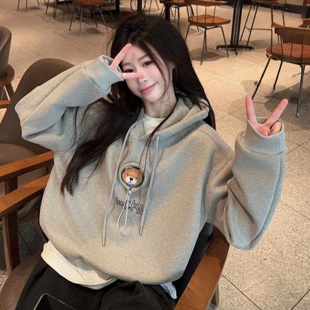 FA53362# 纯棉华棉复合奥粒绒卫衣女冬宽松刺绣连帽保暖上衣 服裝批發女裝批發服飾貨源