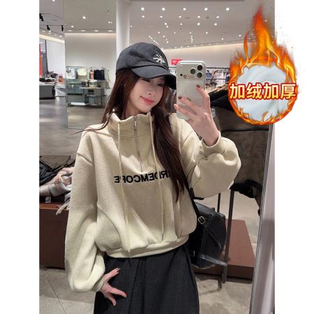 FA53363# 糯米绒复合真超卫衣女秋冬季潮拉链POLO领保暖上衣 服裝批發女裝批發服飾貨源