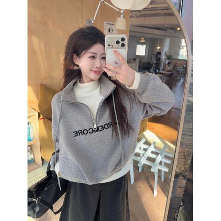 FA53363# 糯米绒复合真超卫衣女秋冬季潮拉链POLO领保暖上衣 服裝批發女裝批發服飾貨源