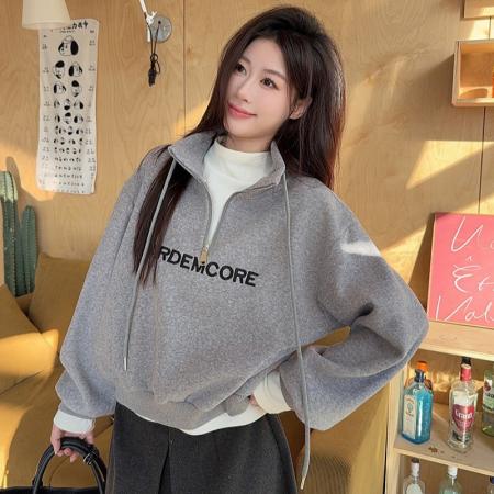 FA53363# 糯米绒复合真超卫衣女秋冬季潮拉链POLO领保暖上衣 服裝批發女裝批發服飾貨源