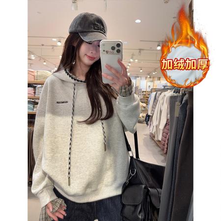 FA53364# 纯棉华棉复合真超加绒卫衣女宽松格子刺绣花连帽保暖上衣 服裝批發女裝批發服飾貨源