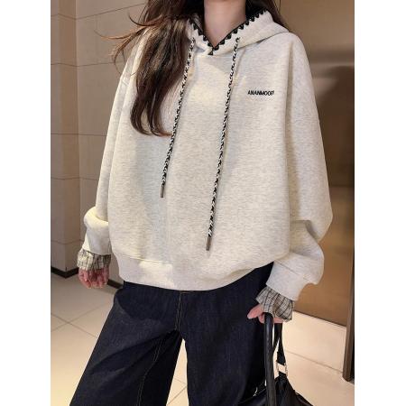 FA53364# 纯棉华棉复合真超加绒卫衣女宽松格子刺绣花连帽保暖上衣 服裝批發女裝批發服飾貨源