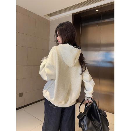 FA53364# 纯棉华棉复合真超加绒卫衣女宽松格子刺绣花连帽保暖上衣 服裝批發女裝批發服飾貨源