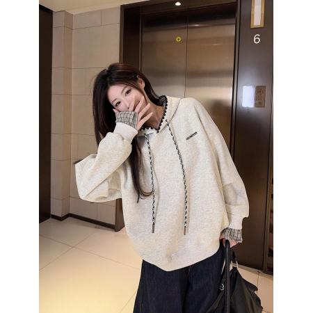 FA53364# 纯棉华棉复合真超加绒卫衣女宽松格子刺绣花连帽保暖上衣 服裝批發女裝批發服飾貨源