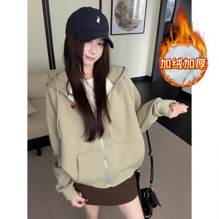 FA53365# 纯棉华棉复合真超加绒卫衣拉链开衫外套秋冬连帽保暖上衣女装 服裝批發女裝批發服飾貨源