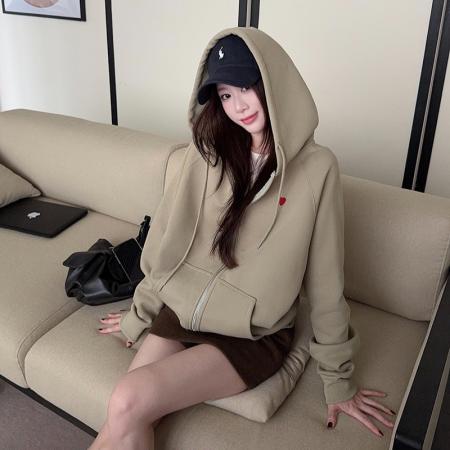 FA53365# 纯棉华棉复合真超加绒卫衣拉链开衫外套秋冬连帽保暖上衣女装 服裝批發女裝批發服飾貨源