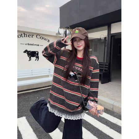 FA53366# 兔毛绒长袖t恤打底衫女装蕾丝美式条纹春秋圆领上衣 服裝批發女裝批發服飾貨源