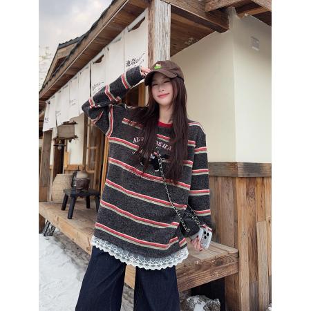 FA53366# 兔毛绒长袖t恤打底衫女装蕾丝美式条纹春秋圆领上衣 服裝批發女裝批發服飾貨源