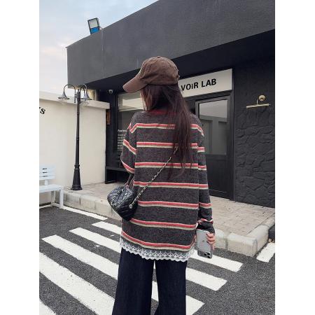 FA53366# 兔毛绒长袖t恤打底衫女装蕾丝美式条纹春秋圆领上衣 服裝批發女裝批發服飾貨源
