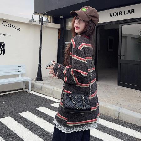 FA53366# 兔毛绒长袖t恤打底衫女装蕾丝美式条纹春秋圆领上衣 服裝批發女裝批發服飾貨源