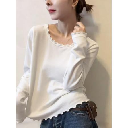FA53368# 韩系简约风木耳边长袖t恤秋季新款修身显瘦内搭打底衫 服裝批發女裝批發服飾貨源