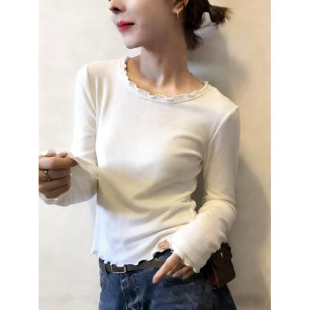 FA53368# 韩系简约风木耳边长袖t恤秋季新款修身显瘦内搭打底衫 服裝批發女裝批發服飾貨源