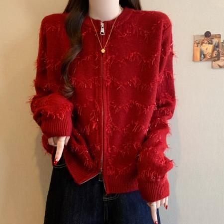 FA53369# 大码女装洋气设计感红色针织衫新年战袍减龄显瘦百搭毛衣 服裝批發女裝批發服飾貨源