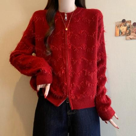 FA53369# 大码女装洋气设计感红色针织衫新年战袍减龄显瘦百搭毛衣 服裝批發女裝批發服飾貨源