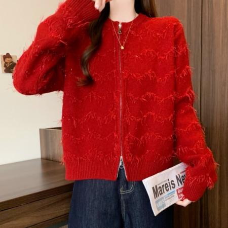 FA53369# 大码女装洋气设计感红色针织衫新年战袍减龄显瘦百搭毛衣 服裝批發女裝批發服飾貨源