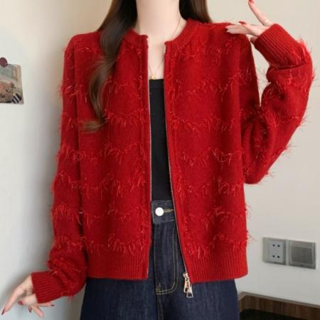 FA53369# 大码女装洋气设计感红色针织衫新年战袍减龄显瘦百搭毛衣 服裝批發女裝批發服飾貨源