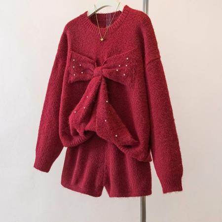 FA53370# 大码设计感蝴蝶结钉珠红色针织上衣百搭短裤减龄显瘦套装女 服裝批發女裝批發服飾貨源