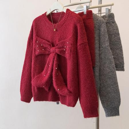 FA53370# 大码设计感蝴蝶结钉珠红色针织上衣百搭短裤减龄显瘦套装女 服裝批發女裝批發服飾貨源