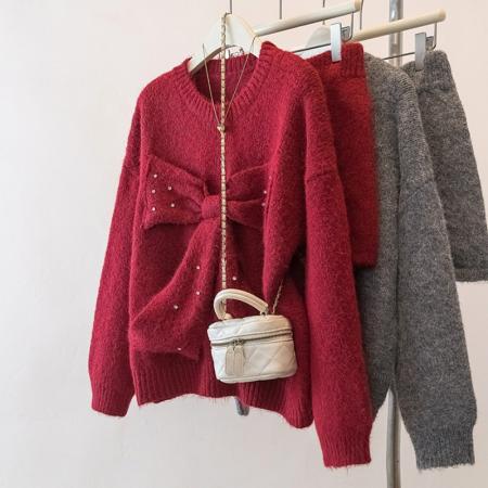 FA53370# 大码设计感蝴蝶结钉珠红色针织上衣百搭短裤减龄显瘦套装女 服裝批發女裝批發服飾貨源