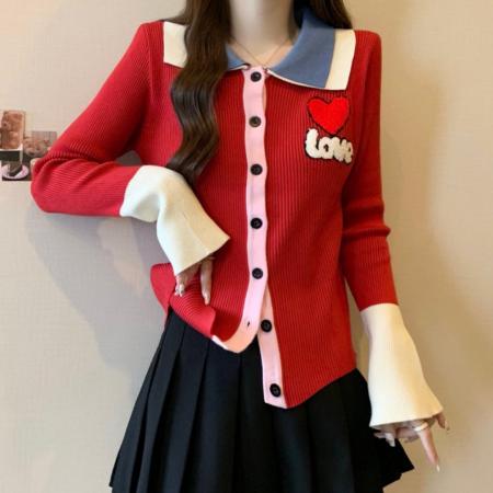 FA53372# 大码设计感巨好看红色撞色新款毛衣百搭显瘦减龄针织开衫女 服裝批發女裝批發服飾貨源