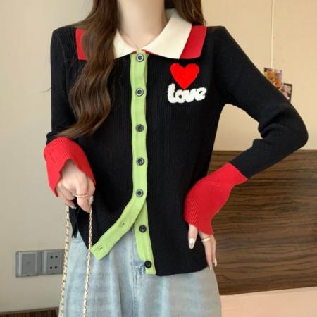 FA53372# 大码设计感巨好看红色撞色新款毛衣百搭显瘦减龄针织开衫女 服裝批發女裝批發服飾貨源