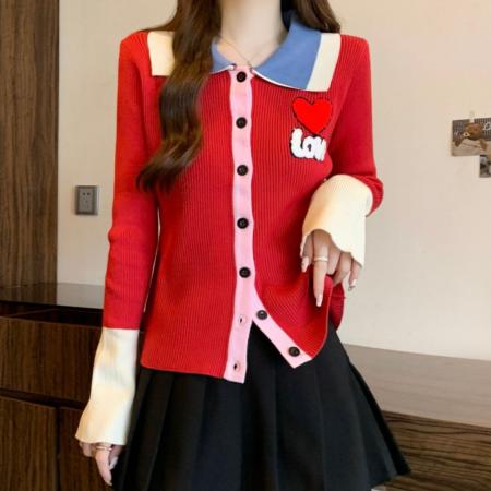 FA53372# 大码设计感巨好看红色撞色新款毛衣百搭显瘦减龄针织开衫女 服裝批發女裝批發服飾貨源