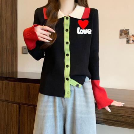 FA53372# 大码设计感巨好看红色撞色新款毛衣百搭显瘦减龄针织开衫女 服裝批發女裝批發服飾貨源