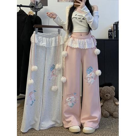 FA53374# 可爱刺绣小狗毛球抽绳休闲卫裤春秋款蕾丝拼接少女慵懒拖地裤 服裝批發女裝批發服飾貨源
