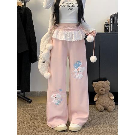 FA53374# 可爱刺绣小狗毛球抽绳休闲卫裤春秋款蕾丝拼接少女慵懒拖地裤 服裝批發女裝批發服飾貨源