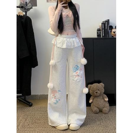 FA53374# 可爱刺绣小狗毛球抽绳休闲卫裤春秋款蕾丝拼接少女慵懒拖地裤 服裝批發女裝批發服飾貨源