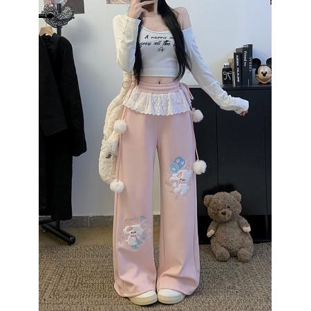 FA53374# 可爱刺绣小狗毛球抽绳休闲卫裤春秋款蕾丝拼接少女慵懒拖地裤 服裝批發女裝批發服飾貨源