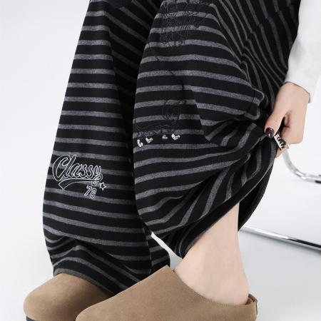 FA53379# 卡通刺绣条纹休闲裤女春季新款显瘦慵懒风百搭抽绳直筒长裤 服裝批發女裝批發服飾貨源