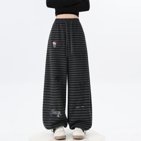 FA53379# 卡通刺绣条纹休闲裤女春季新款显瘦慵懒风百搭抽绳直筒长裤 服裝批發女裝批發服飾貨源