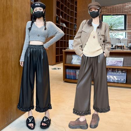 FA53380# 木耳边软皮裤女春秋新款高腰阔腿裤时尚气质百搭直筒裤子 服裝批發女裝批發服飾貨源