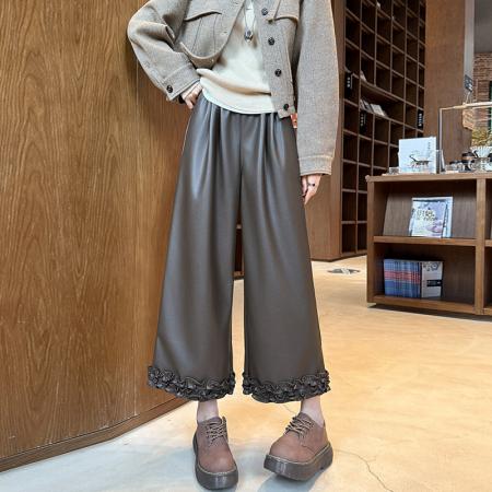 FA53380# 木耳边软皮裤女春秋新款高腰阔腿裤时尚气质百搭直筒裤子 服裝批發女裝批發服飾貨源
