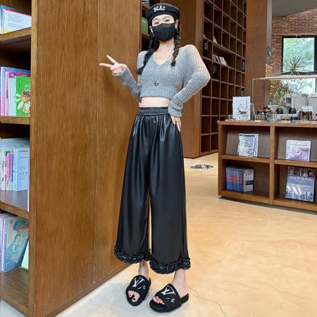 FA53380# 木耳边软皮裤女春秋新款高腰阔腿裤时尚气质百搭直筒裤子 服裝批發女裝批發服飾貨源