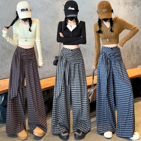 FA53382# 复古格子绑带阔腿裤女春秋新款高腰宽松垂感休闲直筒拖地长裤 服裝批發女裝批發服飾貨源