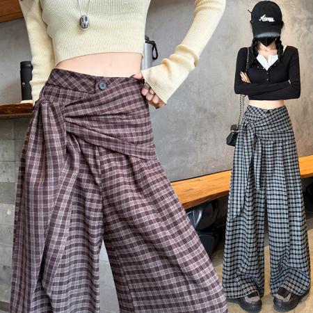 FA53382# 复古格子绑带阔腿裤女春秋新款高腰宽松垂感休闲直筒拖地长裤 服裝批發女裝批發服飾貨源