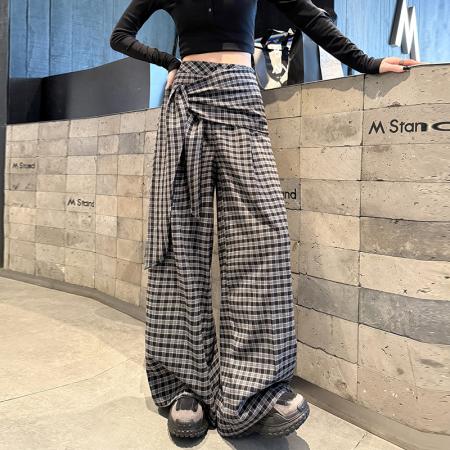 FA53382# 复古格子绑带阔腿裤女春秋新款高腰宽松垂感休闲直筒拖地长裤 服裝批發女裝批發服飾貨源