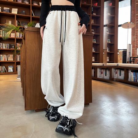 FA53383# 春秋新款美式撞色拼接卫裤女高腰设计感休闲长裤香蕉裤弯刀裤 服裝批發女裝批發服飾貨源