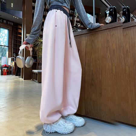 FA53383# 春秋新款美式撞色拼接卫裤女高腰设计感休闲长裤香蕉裤弯刀裤 服裝批發女裝批發服飾貨源