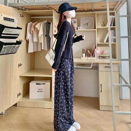 FA53384# 可爱印花直筒休闲裤女春秋新款时尚韩版宽松阔腿裤拖地遛弯裤 服裝批發女裝批發服飾貨源